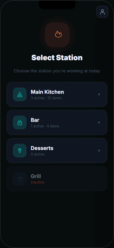 Kitchen — Pick a station, see your queue